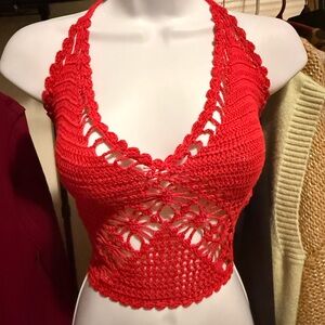 Red Crochet Halter Crop Top